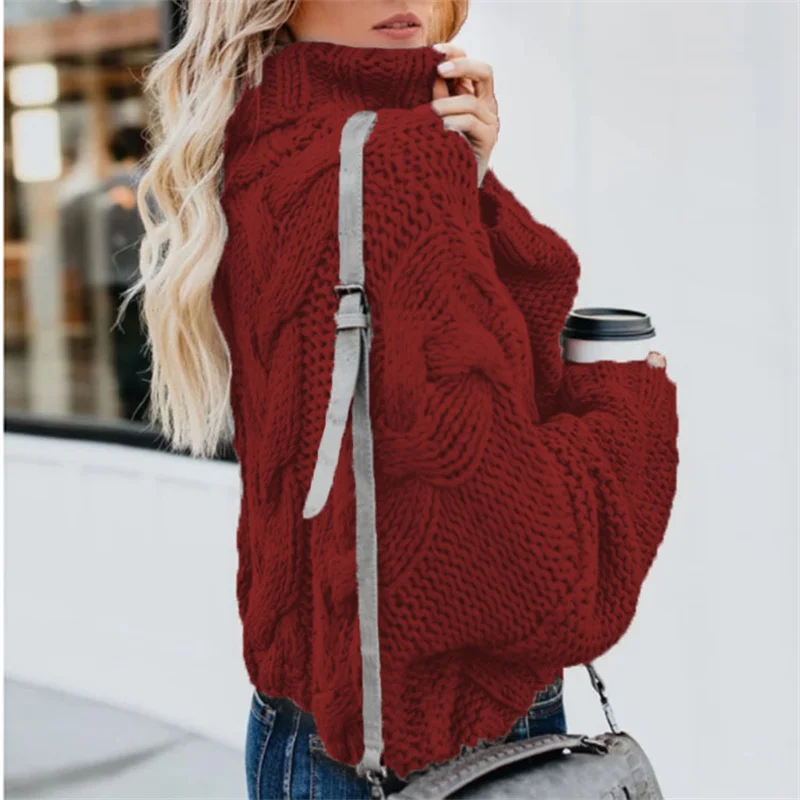 Womens Soft Comfy Cable Knit Turtleneck Pullover Sweaters  Turtle Cowl Neck Solid Color Loose Long-sleeved Twist Short Sweater