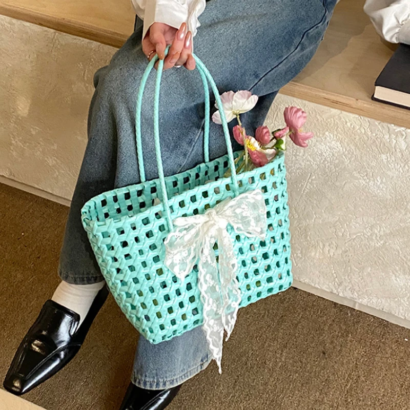 

Korean Hollow Woven Bag Lightweight Versatile Handbag Summer Beach Vacation Shopping Basket Bags Bohemian Style Women Tote Bag