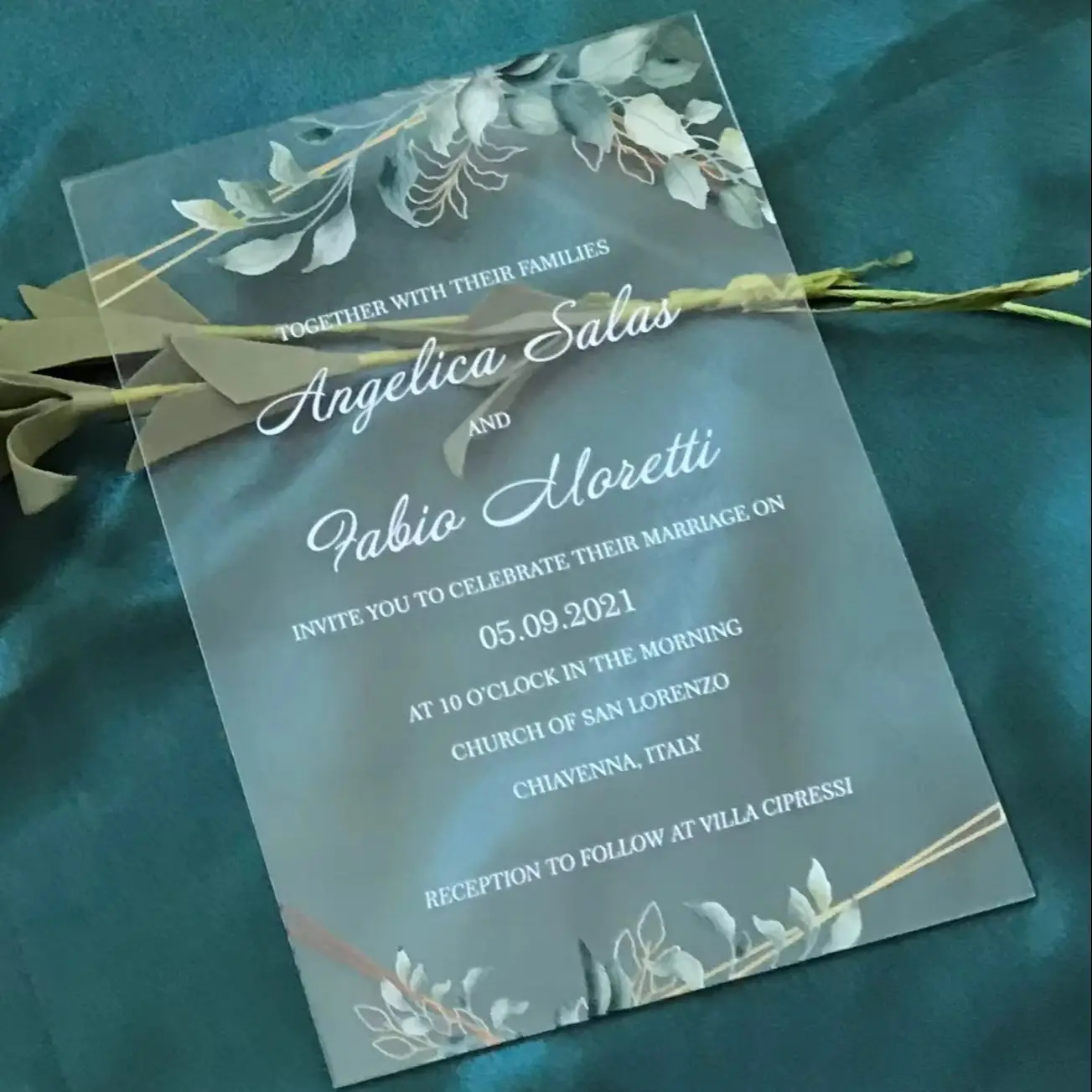 

10pcs Custom Acrylic Wedding Invitation Transparent Faux Gold Eucalyptus Acrylic Birthday Invites for Party Favor Decoration