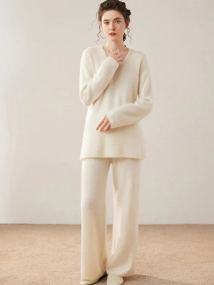 Fashion Women Sweater Casual Suite 100% Cashmere Pullover Sweater Pants Lounge Set  Autumn Winter V-Neck Tunic Top Wide Leg Pant