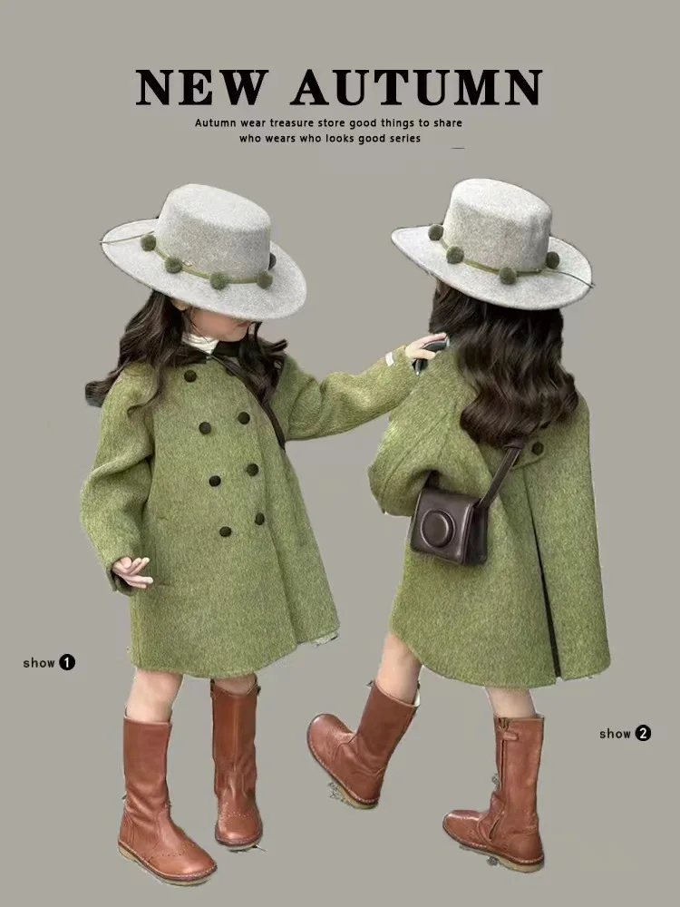 

South Korea Children's Clothing Girls' Woolen Coat Autumn and Winter Clothing Children's Padded Top Children's Mid-Length Woolen