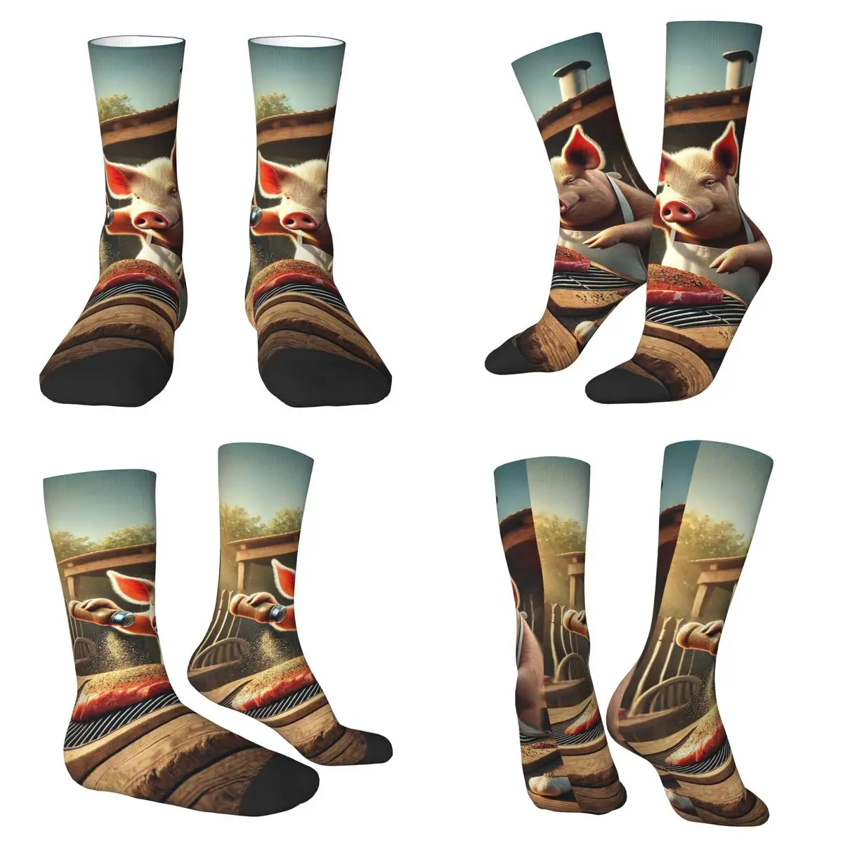 Cooking Pig Cartoon BBQ Scene Socks Harajuku Sweat Absorbing Stockings All Season Long Socks for Unisex Valentine's Day Gifts