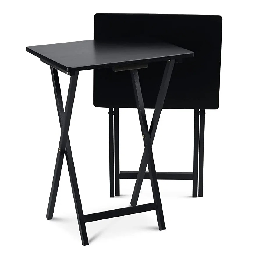 #Cheap Living Room Snack Table 2 Piece Set Wood Coffee Side Table Dinner Snack TV Trays Table Folding Black