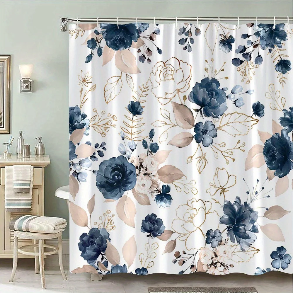 

Floral Watercolor Curtain - Dark Blue, Gold & Beige Roses, Vintage Design, Polyester, Machine Washable, 70In, Bath Decor"