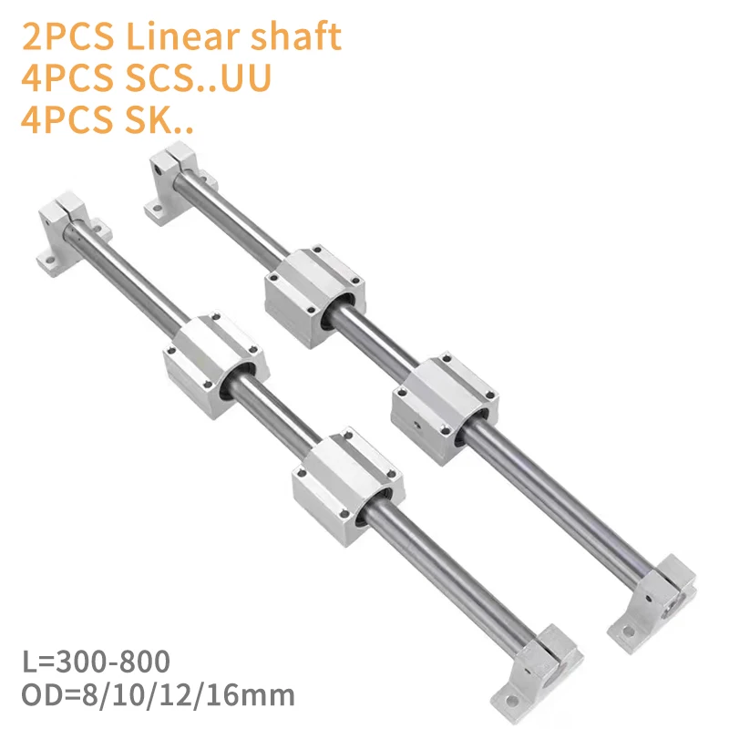 

2pcs Optical Axis Linear Rail Shaft OD 8/10/12/16mm+4pcs SCS8/10/12/16UU Linear Beare Blocks+4pcs SK8/10/12/16 Bearing Support