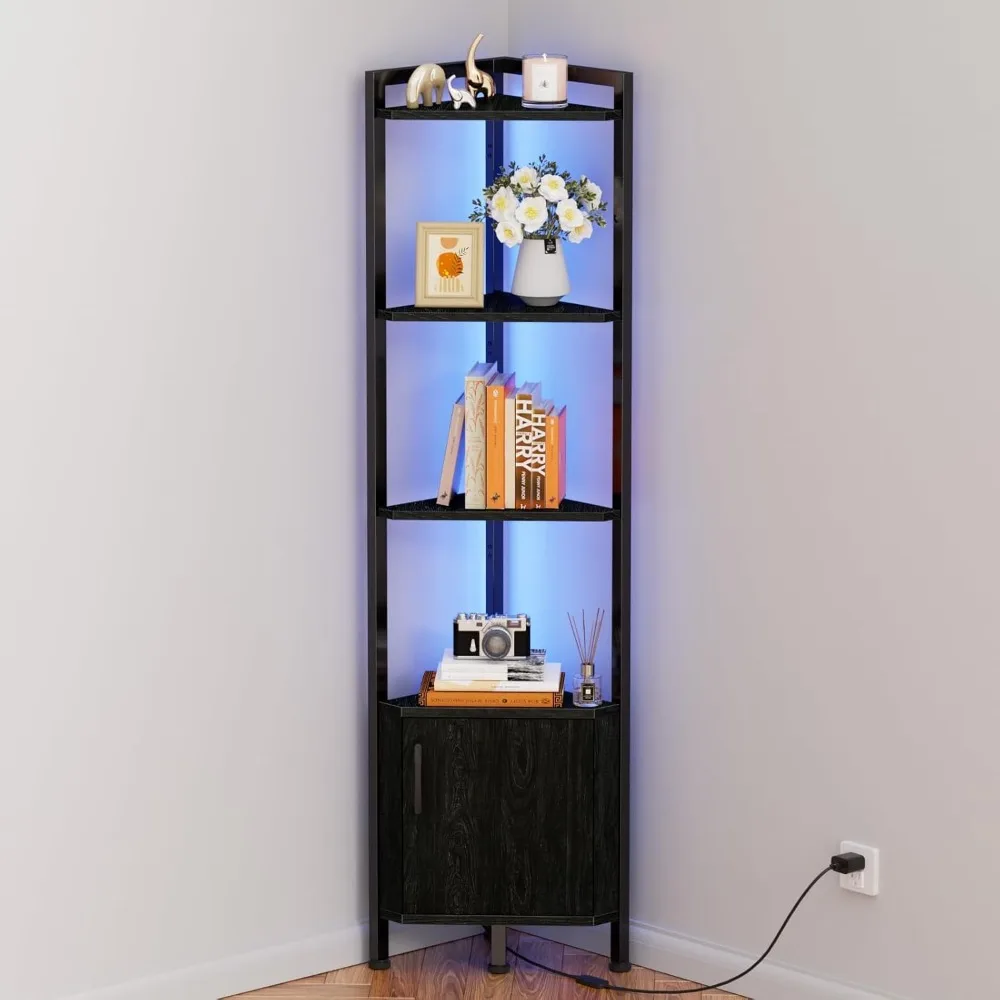 

Corner Shelf,5-Tier Corner Cabinet with Storage and LED Light, 62.8” Standing Display Bookshelf for Bedroom, Living Room, Kitch