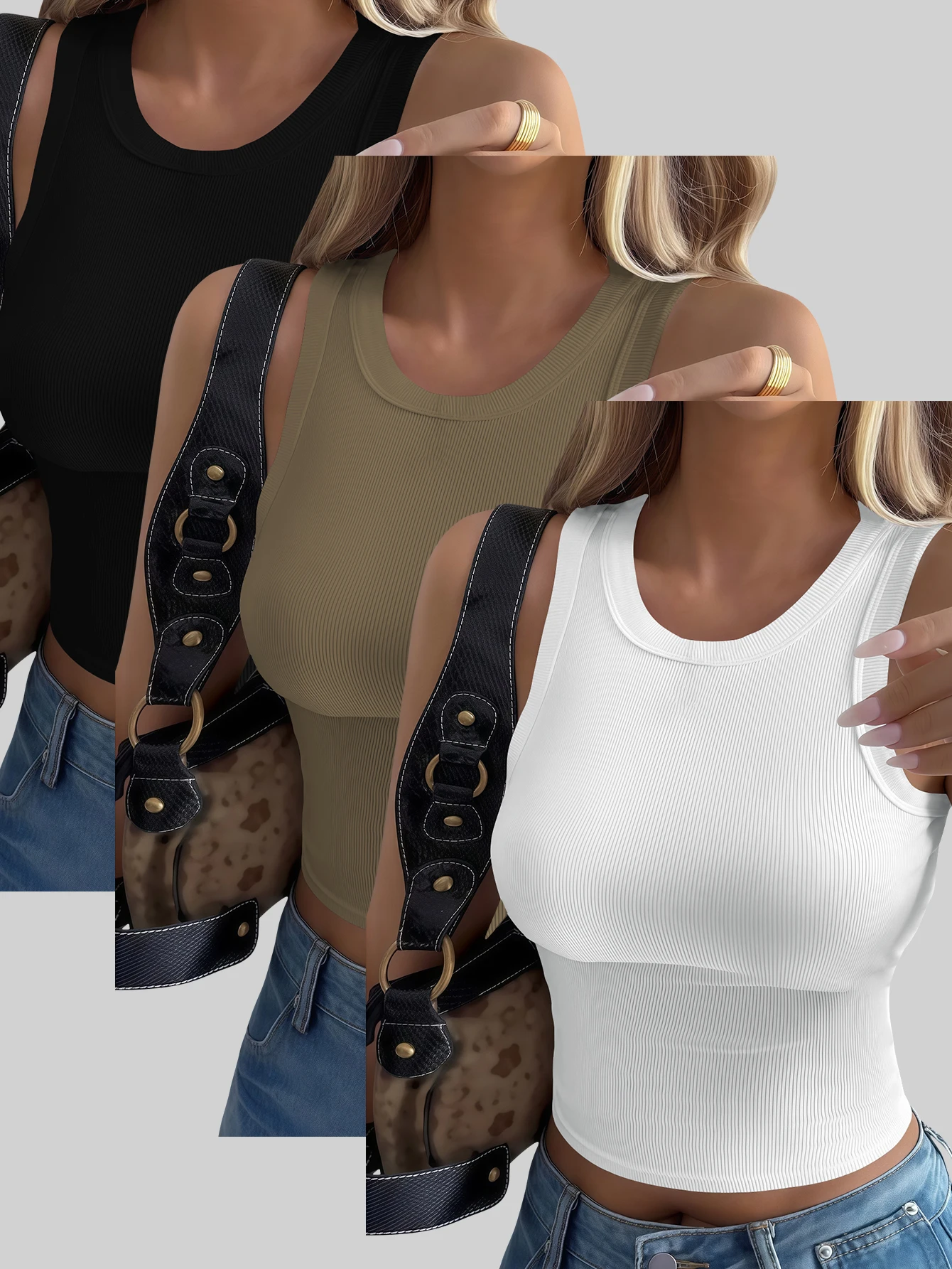 

3-Piece Set Women's Solid Color Slim-Fit Tank Top Minimalist Casual Everyday Wear