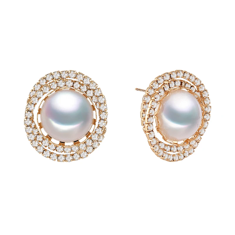 

Diamond-set large pearl stud earrings, elegant temperament high-end fashion earrings