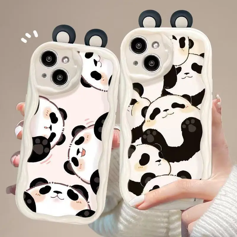 Cartoon 3D Panda Ears Case for Samsung Galaxy A30 A31 A50 A50S A30S A20 A51 A71 A02 A03 Core A02S A10 A11 A21S Curly Wave Cover