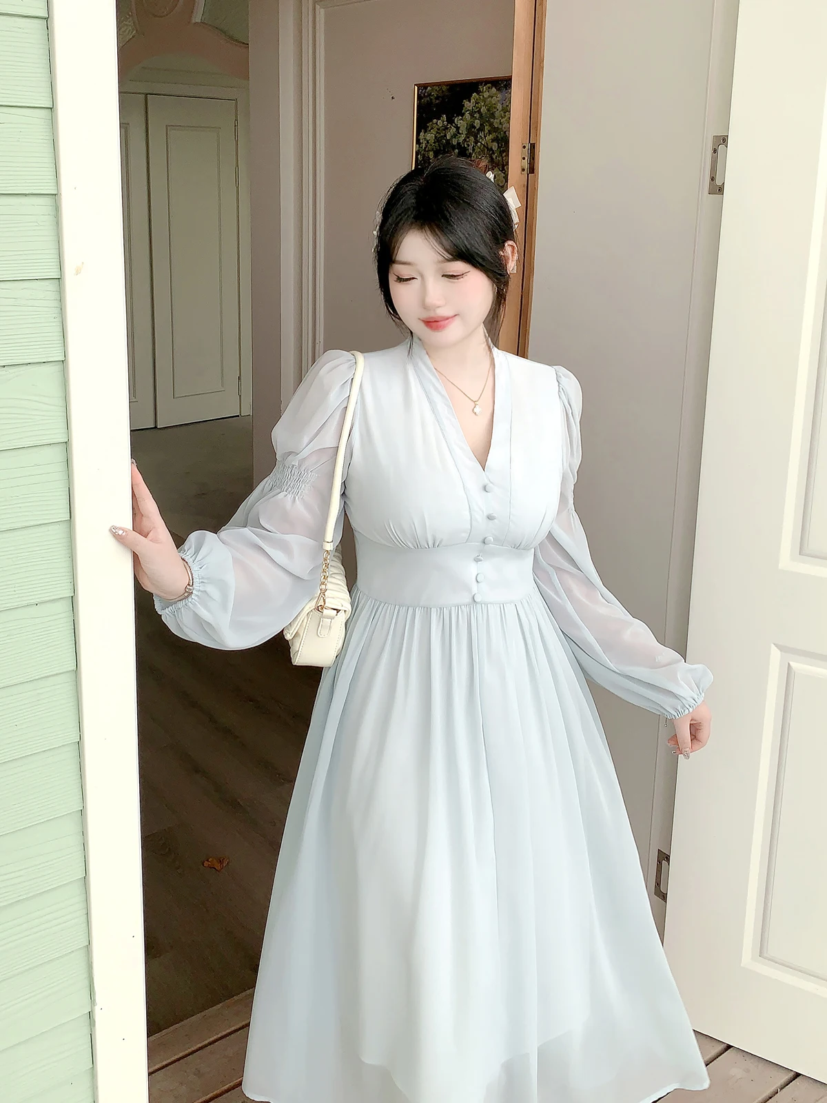 

Женское осеннее длинное шифоновое платье больших размеров с высокой талией для похудения, мягкое ветровое платье с высокой талией для женщин больших размеров