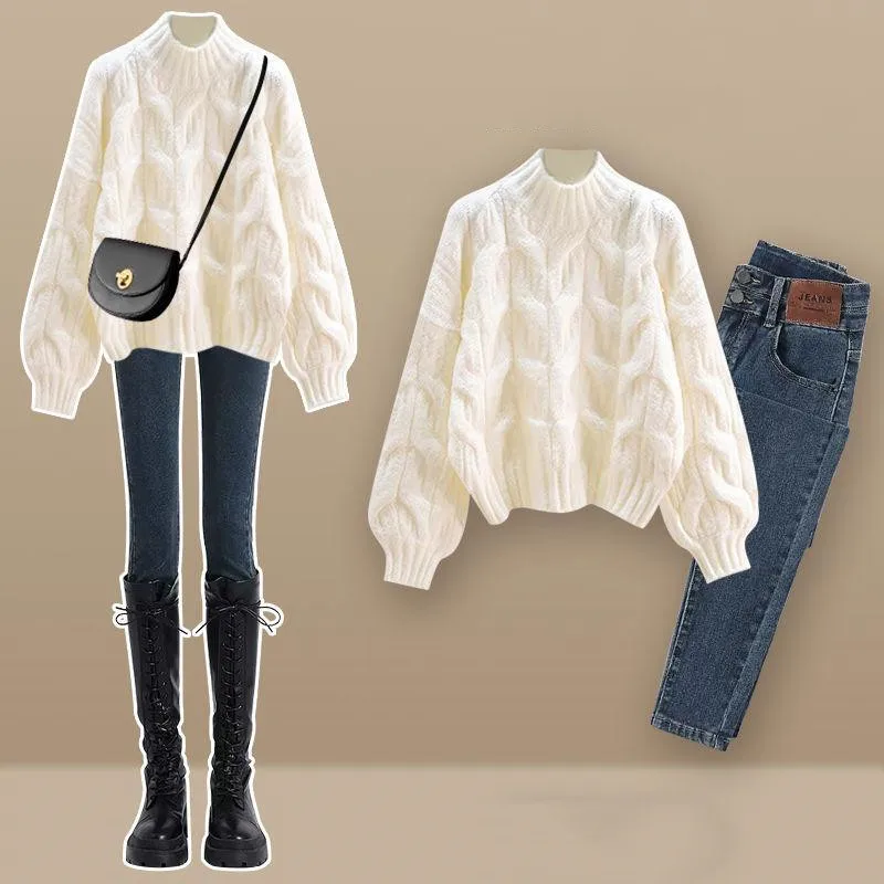 Autumn/Winter Korean New Women\'s Set Half High Collar Knitted Knitted Flower Sweater+Slimming Jeans Two Piece Set