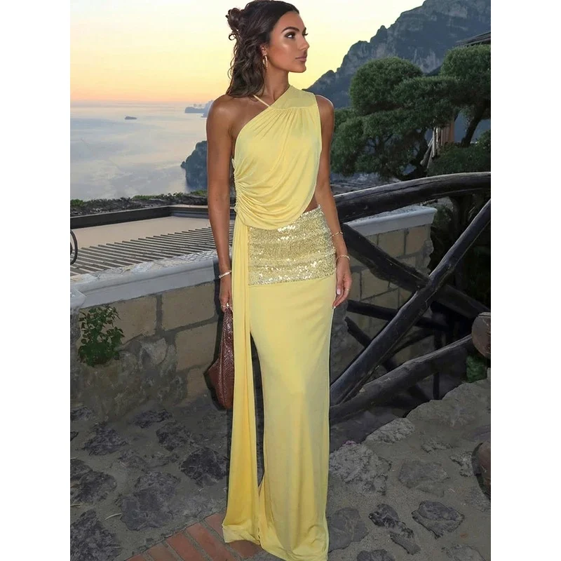 Chic Sequin Patchwork 2 Piece Set Women Skew Collar Sexy Backless Ribbon Tank Tops Long Skirt Suit Elegant Vacation Party Outfit