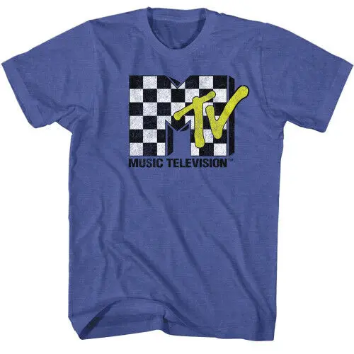 MTV Checkered Royal Heather T-Shirt Y2K tops Unisex Summer Short Sleeve