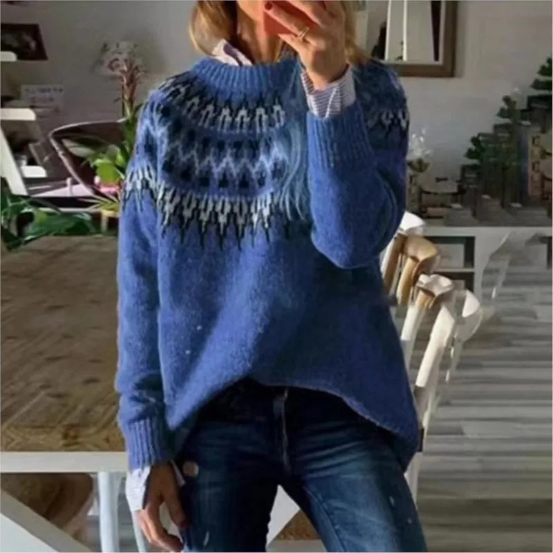 Autumn and Winter Women's Pullover Half High Neck Contrast Flocking Geometric Screw Thread Long Sleeve Sweater Knit Elegant Tops