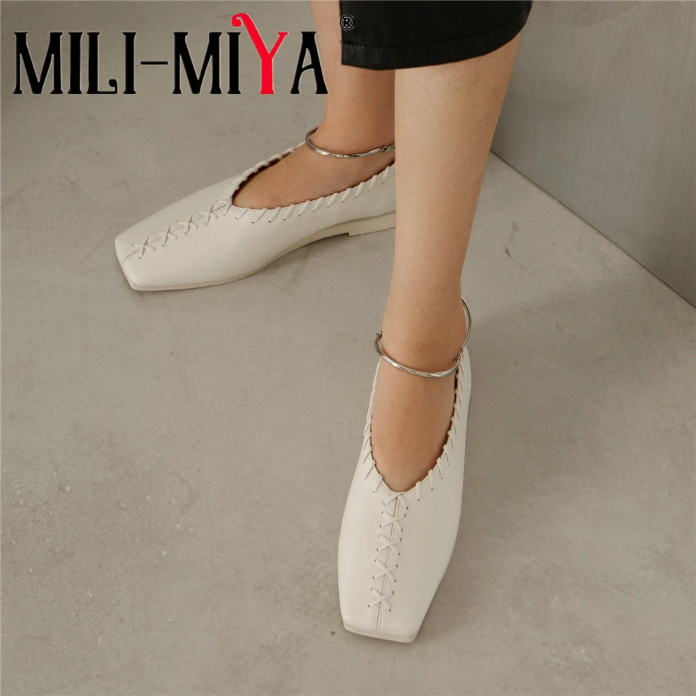

MILI-MIYA Women's Square-Toe Woven Flats In Solid Colour With Metallic Ankle Strap Brand Style Big Size 34-43 Casual Street Shoe