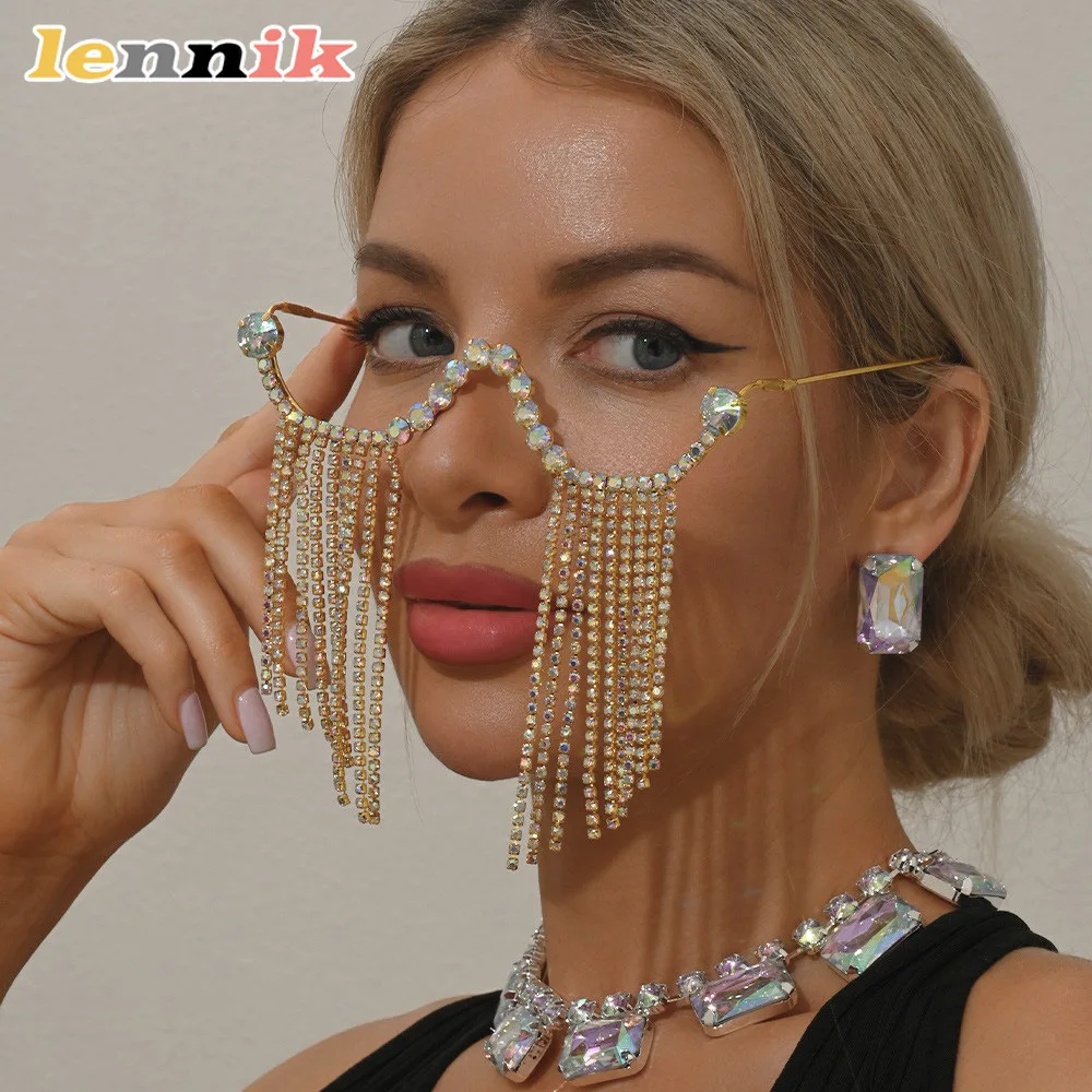 LENNIK New Personalized Tassel Glasses Frame Without Lenses Fashion Street Shot Rhinestone Frame Glasses Eyeglass Frame