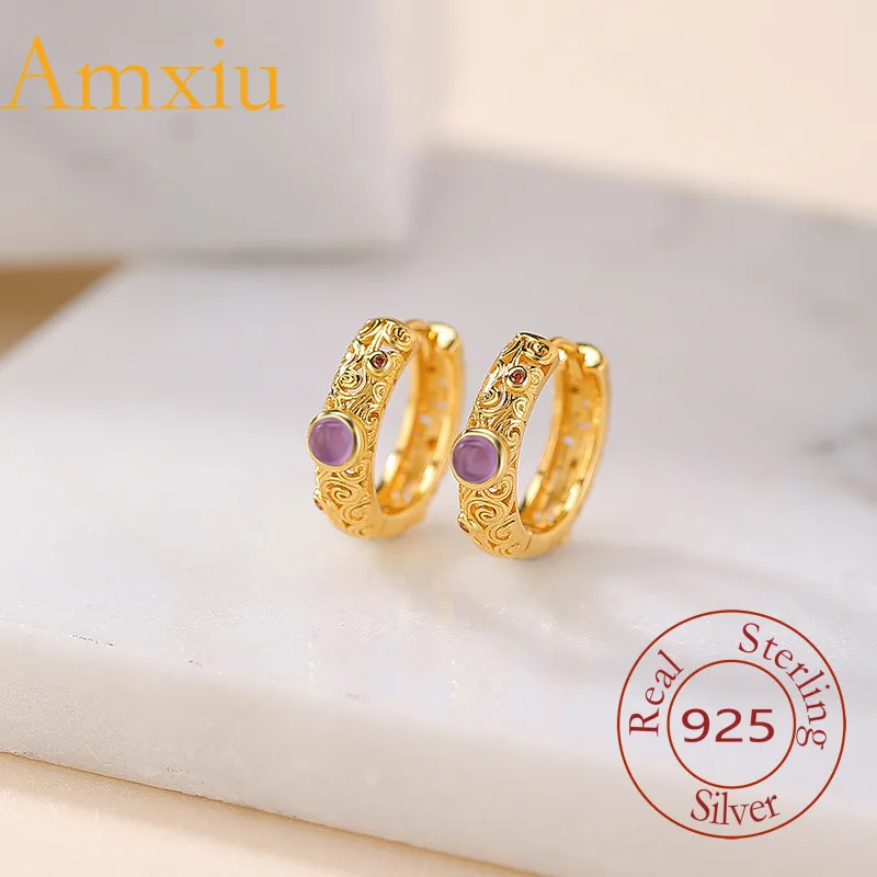 

Amxiu, стерлинговое серебро 925, аметист, позолоченный узор травы Тан, круглая бусина, полые новые серьги в китайском стиле, зажимы для ушей
