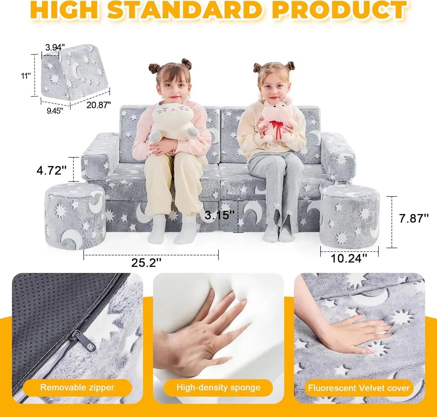 Kids Play Couch, Kids Sofa Toddler Couch, Child Sectional Sofa, Bedroom and Playroom Furniture for Toddlers, Convertible Foam an