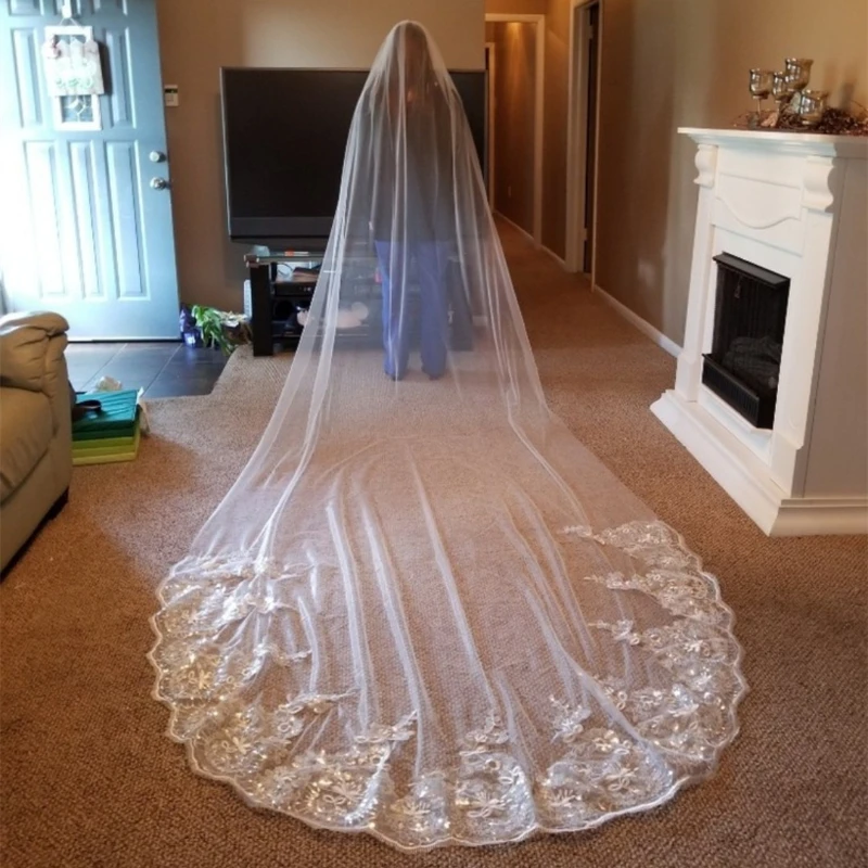 Venta caliente blanco cola ancha catedral capa de borde de encaje largo cuentas de lentejuelas de lujo bordado velo de cabeza de boda accesorios de tiro