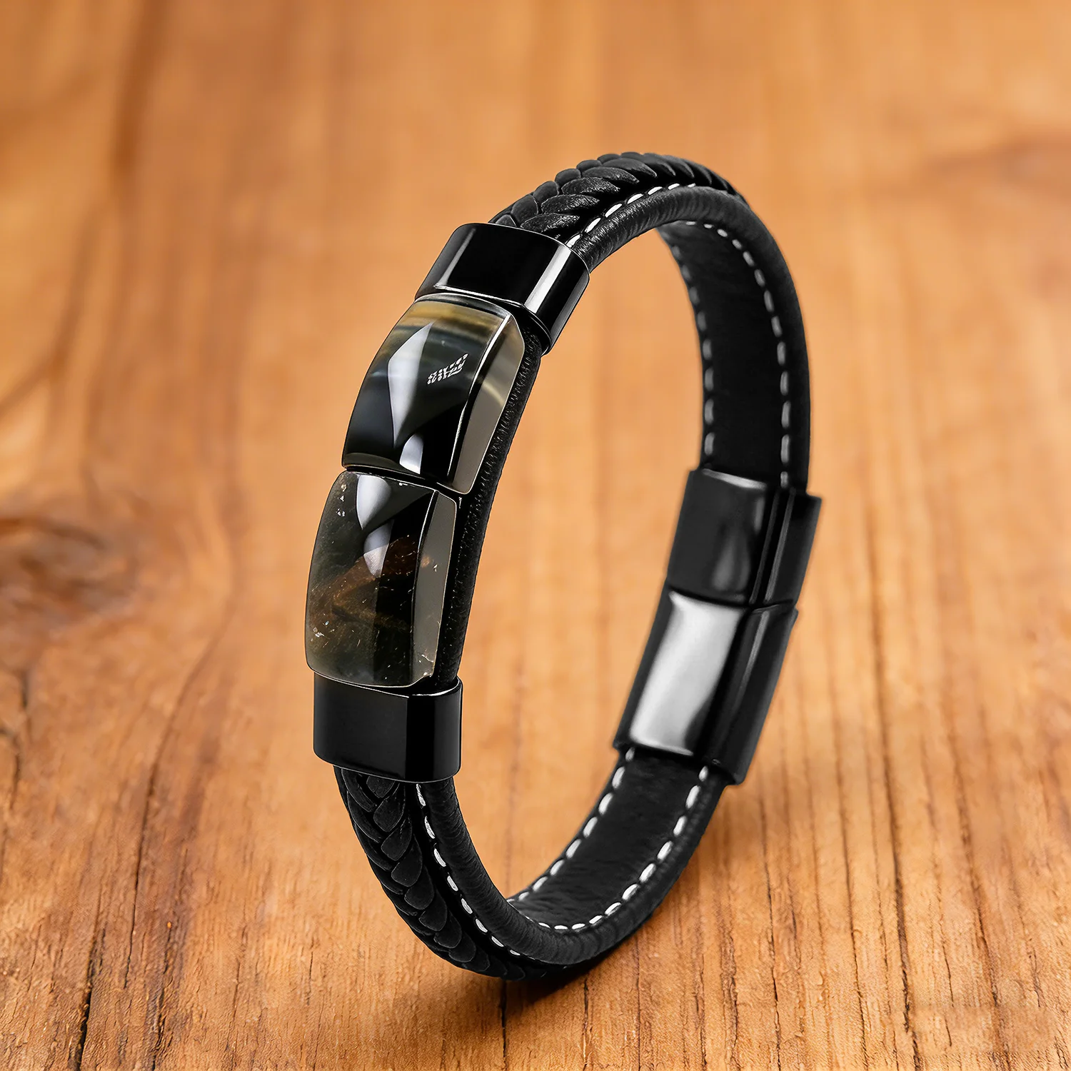 Natural Tiger Eye Stone Woven Leather Bracelet For Men & Women Black Metal 2026 Trendy Fashion Luxury Jewelry