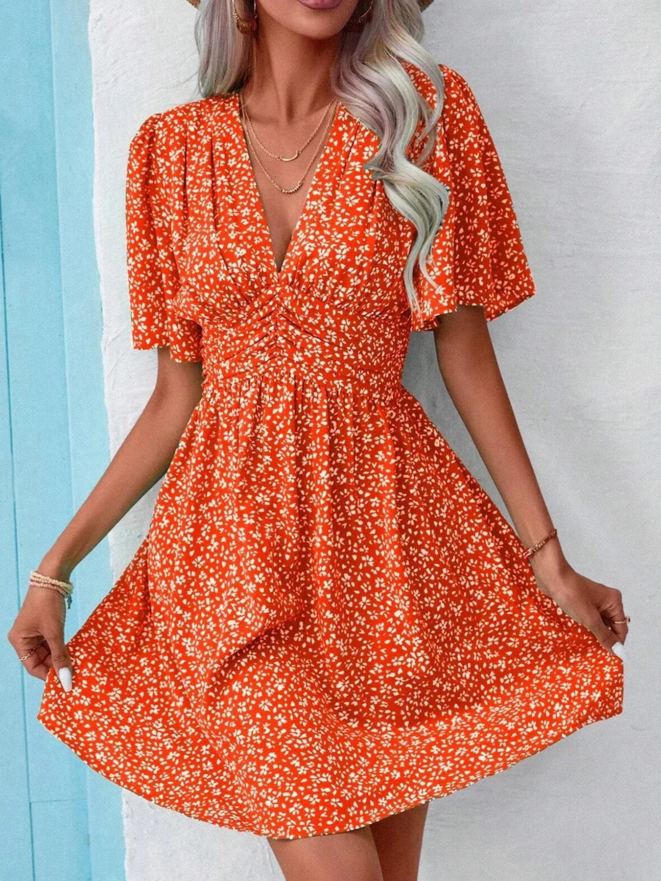 2025 New Summer Short Sleeve Dresses for Women V-Neck Print Women Dress A-LINE Short Dress Women Vestidos De Verano Mujer Q63