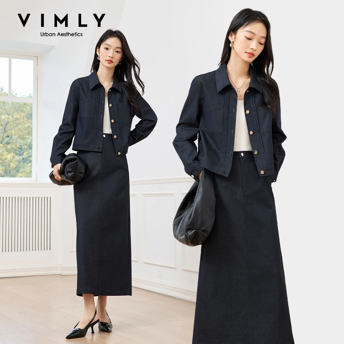 

VIMLY Women's Vintage Elegant Denim Skirt Set Long Sleeve Lapel Denim Jacket Split A-line Skirt Office Lady Denim Suits M83