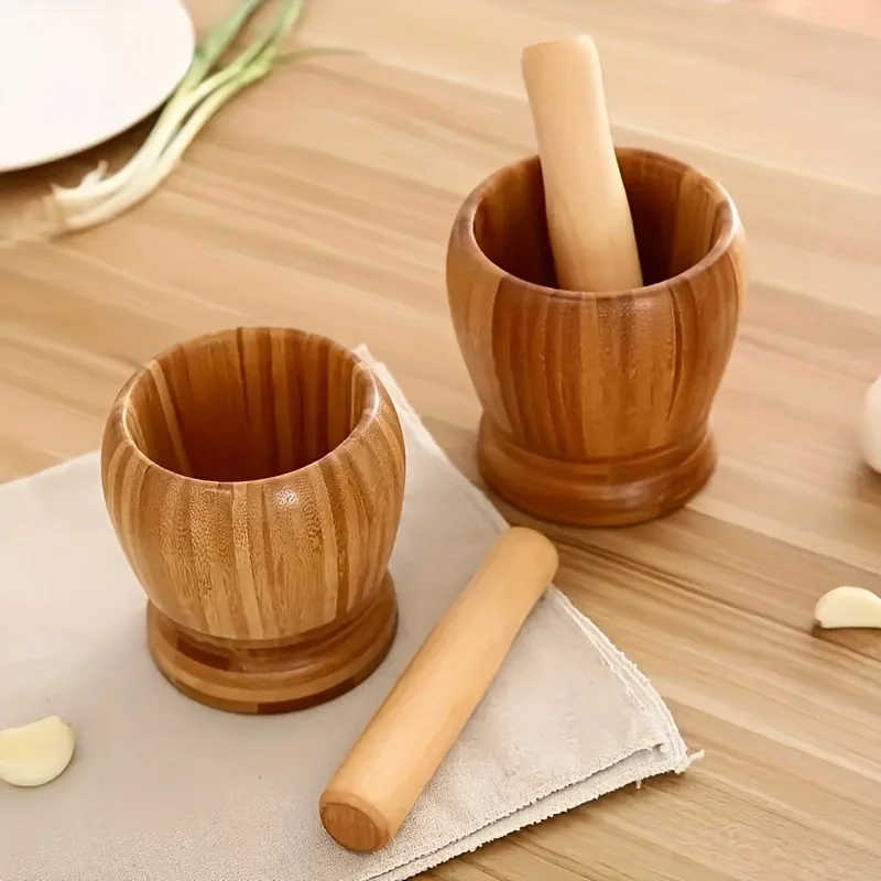 

Household Bamboo Garlic Pestle Mortar Manual Solid Wood Garlic Ginger Spices Grinder Pot Kitchen Tool Mortar And Pestle Gadgets