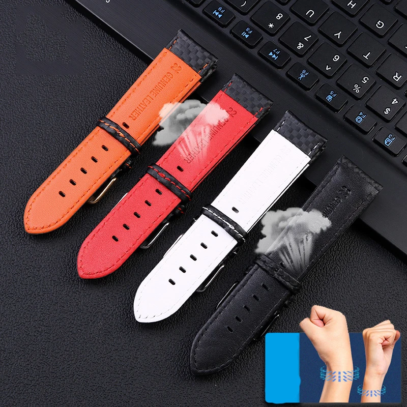 Carbon Fiber Pattern cowhide Watch Strap Men\'s Accessories 18mm 20mm 21mm 22mm 23mm 24mm wristband Orange Red Watchband Bracelet