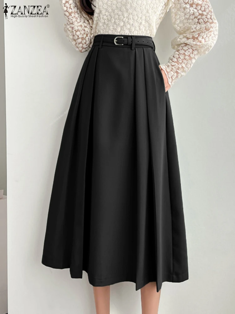 ZANZEA Sommer Lange Röcke Solide Retro Französisch Überröcke 2025, Elegante Plissee Casual Zipper A-Line Party Hohe Taille Böden S-3XL