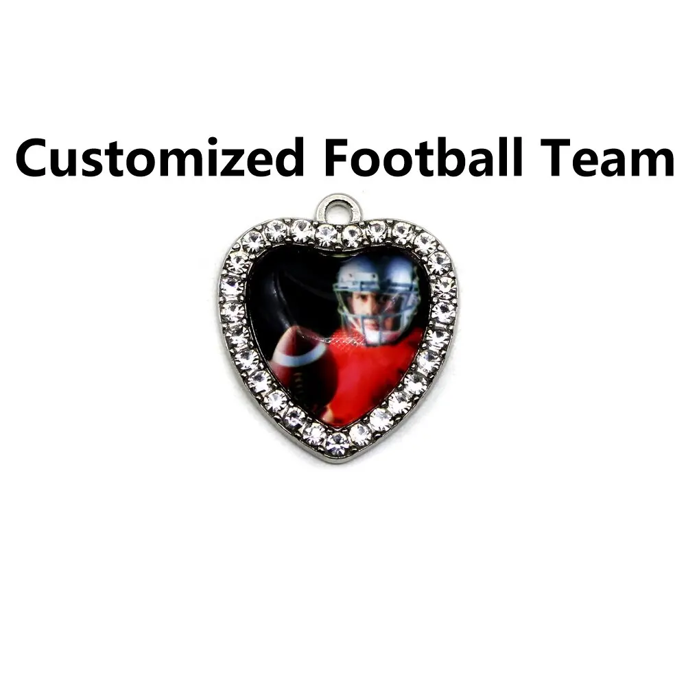 10pcs Custom Colorful Background Crystal Hearts American Football Sport Hanging Charms DIY Bracelets Jewelry Dangle Accessory