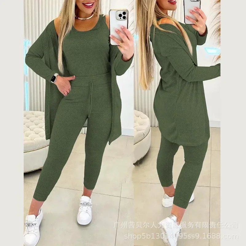 

3-Piece Set Outfits Casual Tank Tops Y2K Vest Tops Women Cardigan Outwear Elastic Waist Pants Suit Skinny Pencil Pants