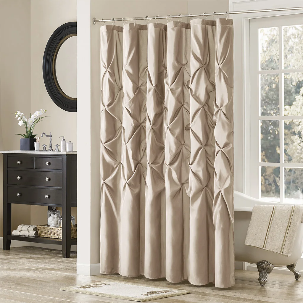 Tufted Semi-Sheer Shower Curtain, 72x72, Soft Taupe, Large All Over Tufting Detail, Semi-Sheer Lightweight Cotton Fabric, 12 Buttonholes, Machine Washable, Contemporary Bathroom Decor, Coordinate Bedding Sold Separately