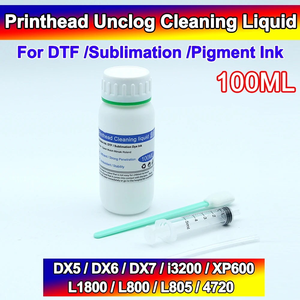 

Printhead Unclog Cleaning Liquid 100ML DTF Sublimation Dye Ink Print Head Repair Clogged DX5 DX6 DX7 i3200 XP600 L1800 L800 4720