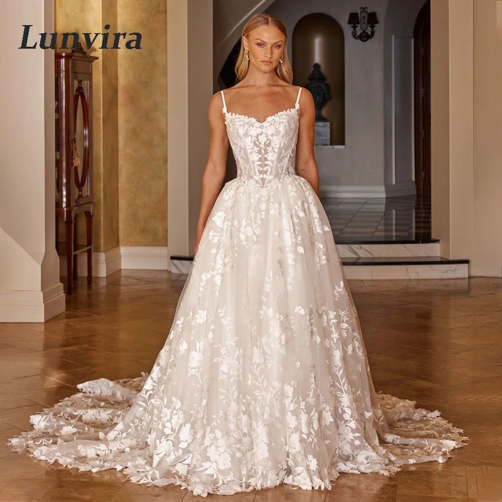 Lunvira Trendy Spaghetti Straps Bridal Dress V-neck Lace Appliques A-line Button Chapel Train Vestido De Casamento Customized