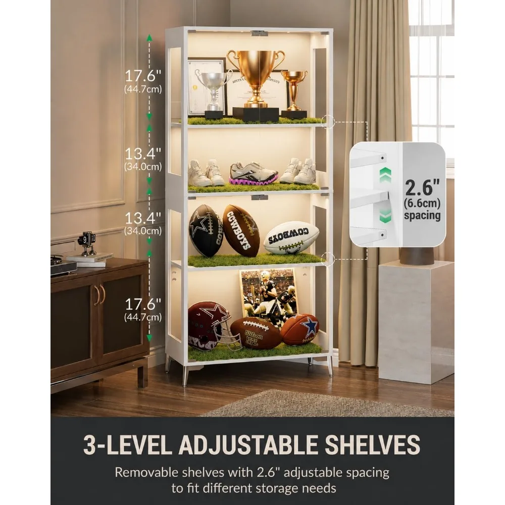 Display Cabinet with Glass Doors, 4-Tier Curio Cabinet, Adjustable Shelves, 60,000 Color Lights for Collectibles, Glass Display Case with App & Remote Control, Bookcase, Storage Cabinet, White