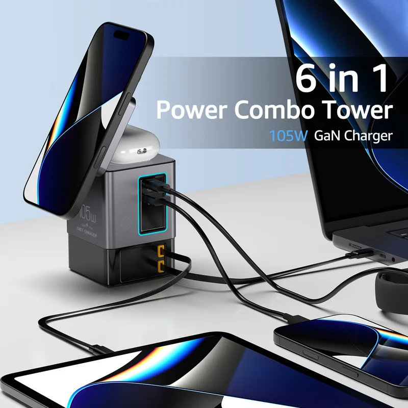 105W Dual Retractable Cable Desktop Charger, 2-in-1 Magnetic Wireless Charger USB-C Blind Plug 65W LED Multi-Port Fast Charging