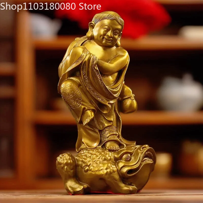 26cm Copper brass Liu Hai plays Jin Chan Toad statue Chinese folk Taoist figures sculpture