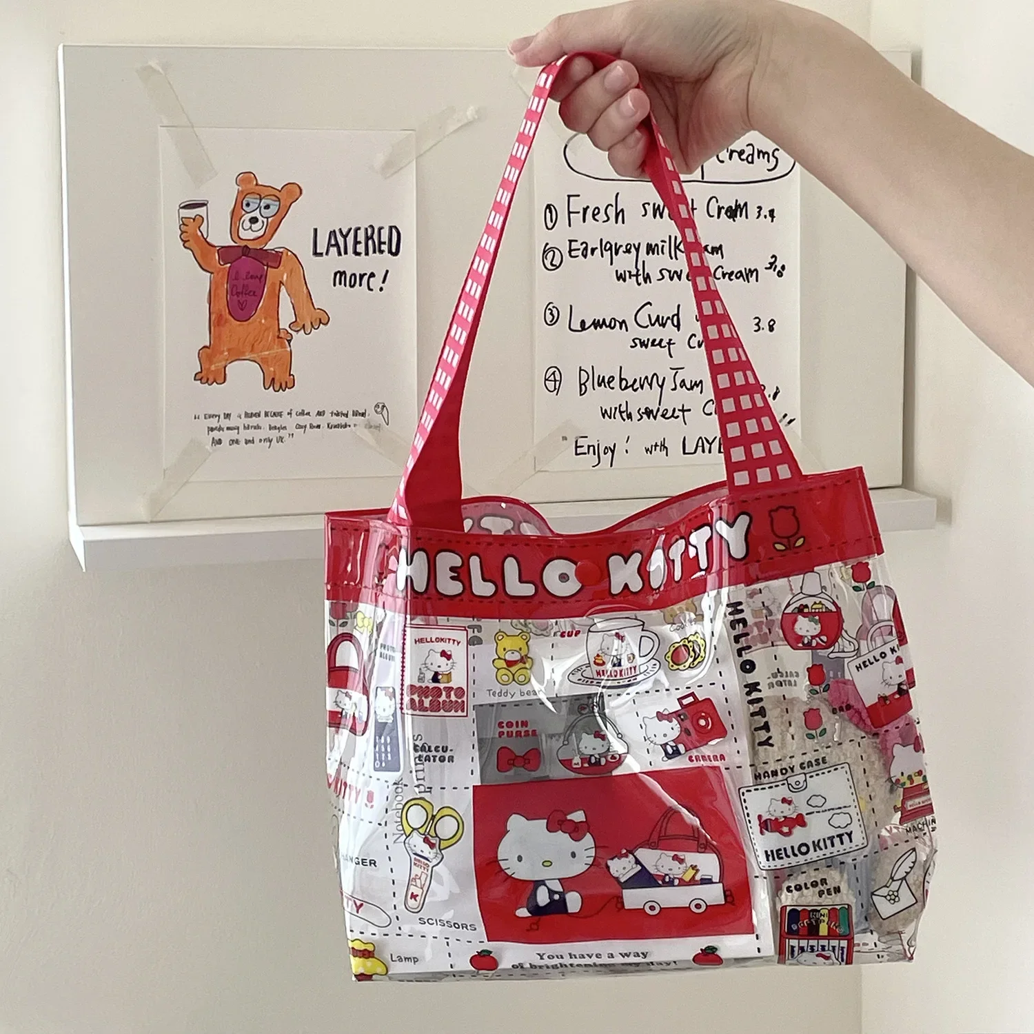 Retro Red Checkered Hello Kitty Transparent Handbag Cartoon Print PVC Waterproof Mommy Bag Swimming Storage Tote Bag