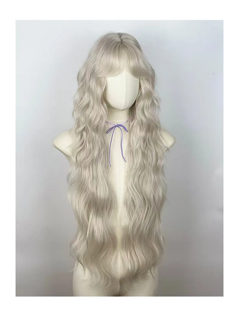 Silver and white wig full head cover female super long big wave water ripple daily high level medium split long curly hair