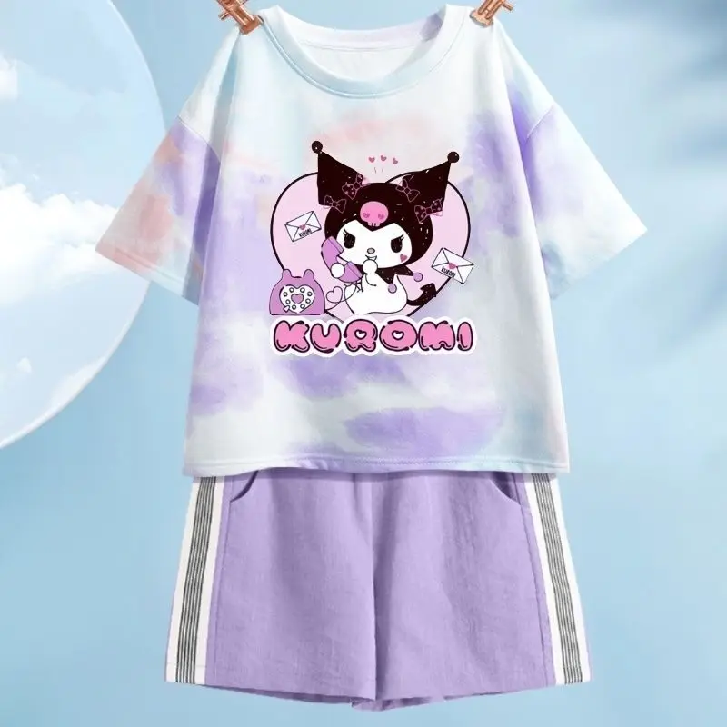 New Sanrioed Boys Girls Short Sleeve Shorts Two Piece Set Kuromi Cartoon Cotton T-Shirt Casual Shorts Fashion Kids Summer Suit