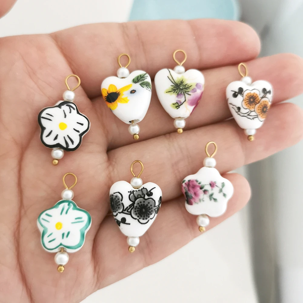 QMHJE Ceramics Pendant Charm Fish Heart Flower Moon Tulips Stainless Steel Geometric Imitation Pearl Blue Green Oval Wholesale