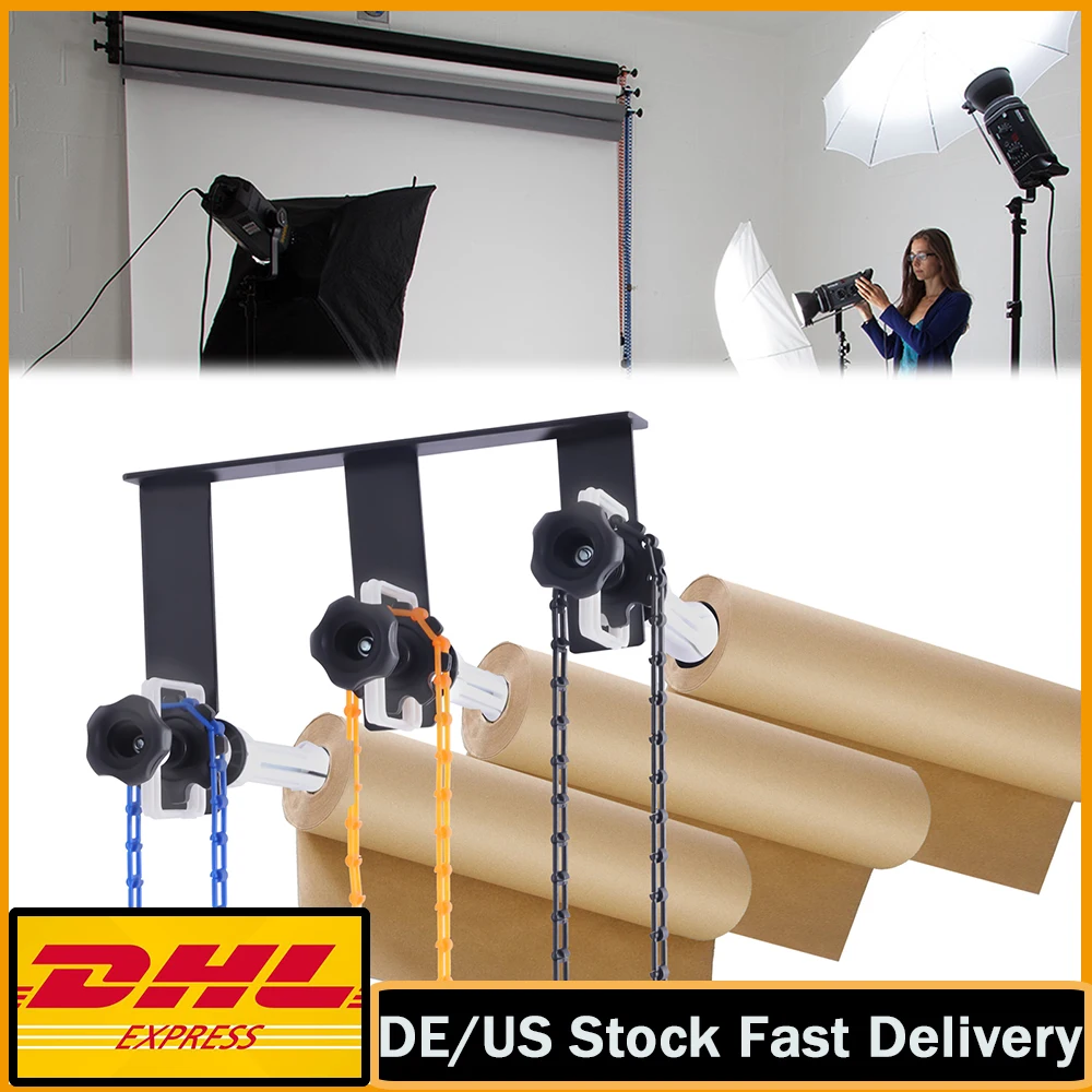 Photography 3 Roller Wall Mounting Manual Background Support System, IncludIng Six(6) Expand Bars, Three(3) Chains