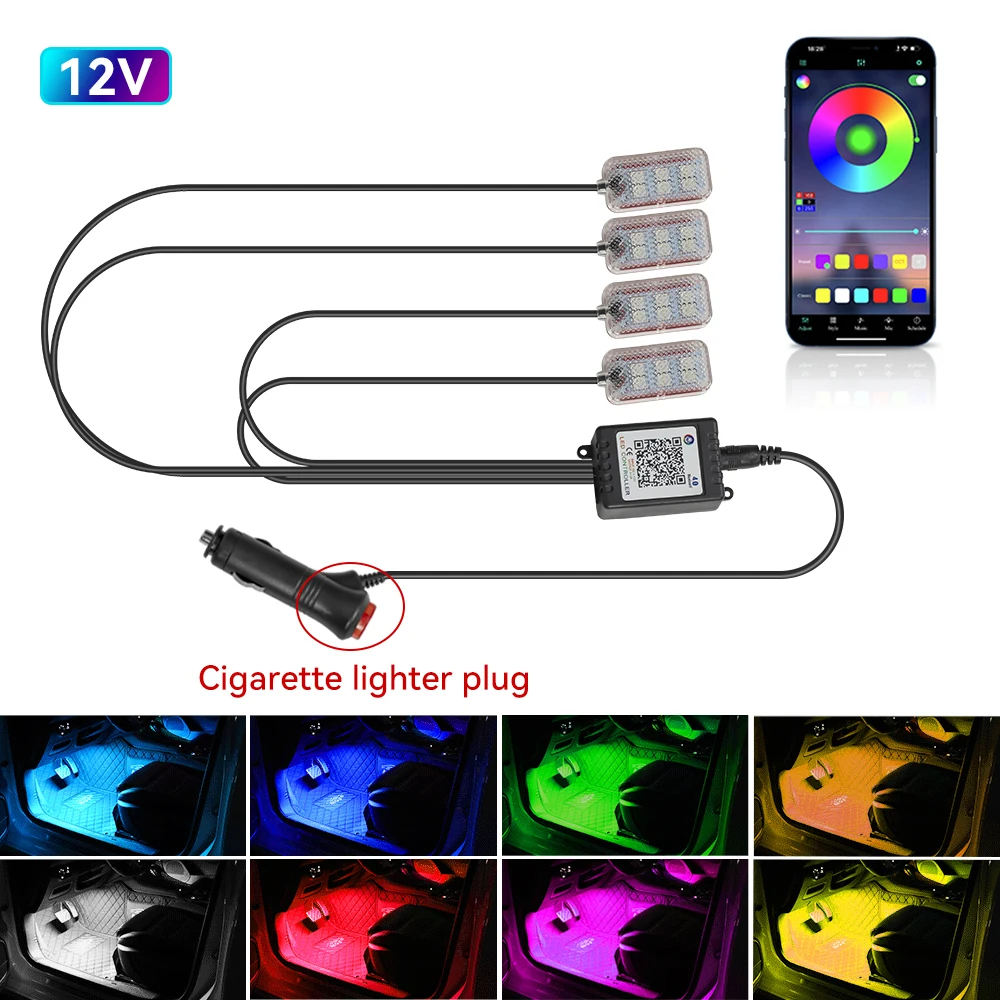 Neon Dual-Control LED Auto-Innenraum-Ambiente-Fußraumbeleuchtung mit USB, kabelloser Fernbedienung, Musik-App-Steuerung, Auto-Atmosphäre-Dekorationslampe