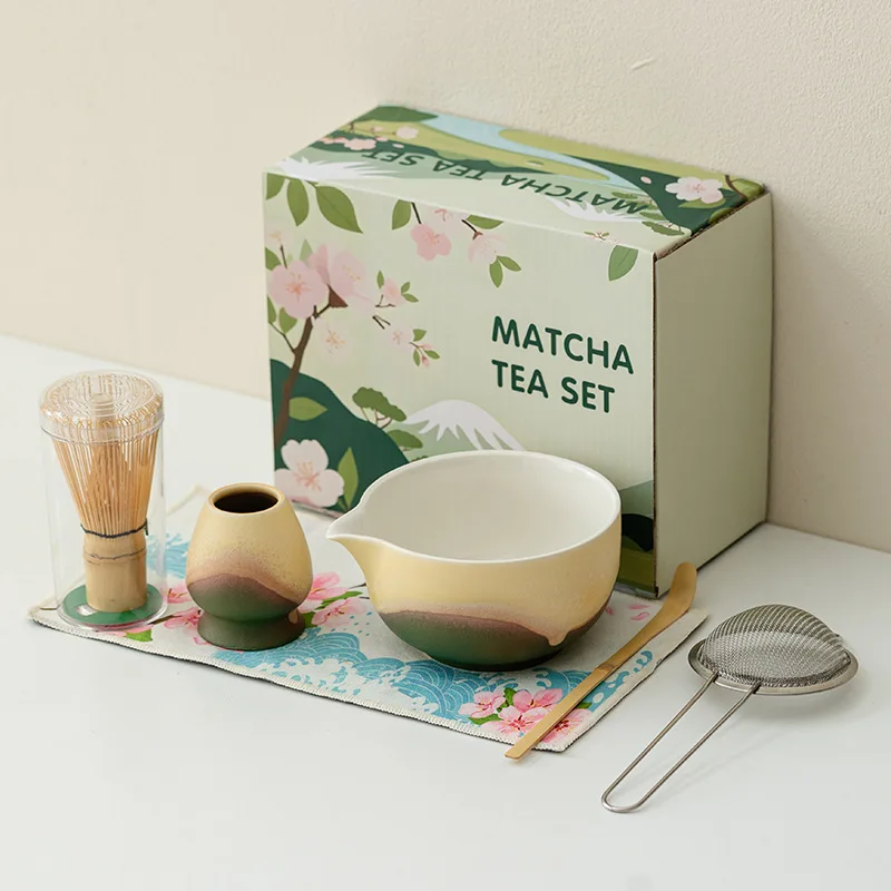 

Artistic Kiln Matcha Set Traditional 8pc Color Fusion Matte Bowl 100Prong Chasen Whisk Brush Complete Matcha Kit Ceremony Gift