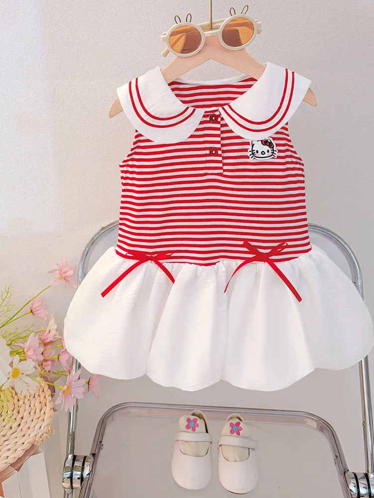 Vestido de Verão para Meninas 2026 Novo Colete Listrado com Gola Azul Marinho Saia Fina Sem Mangas para Bebês Vestido de Prin...