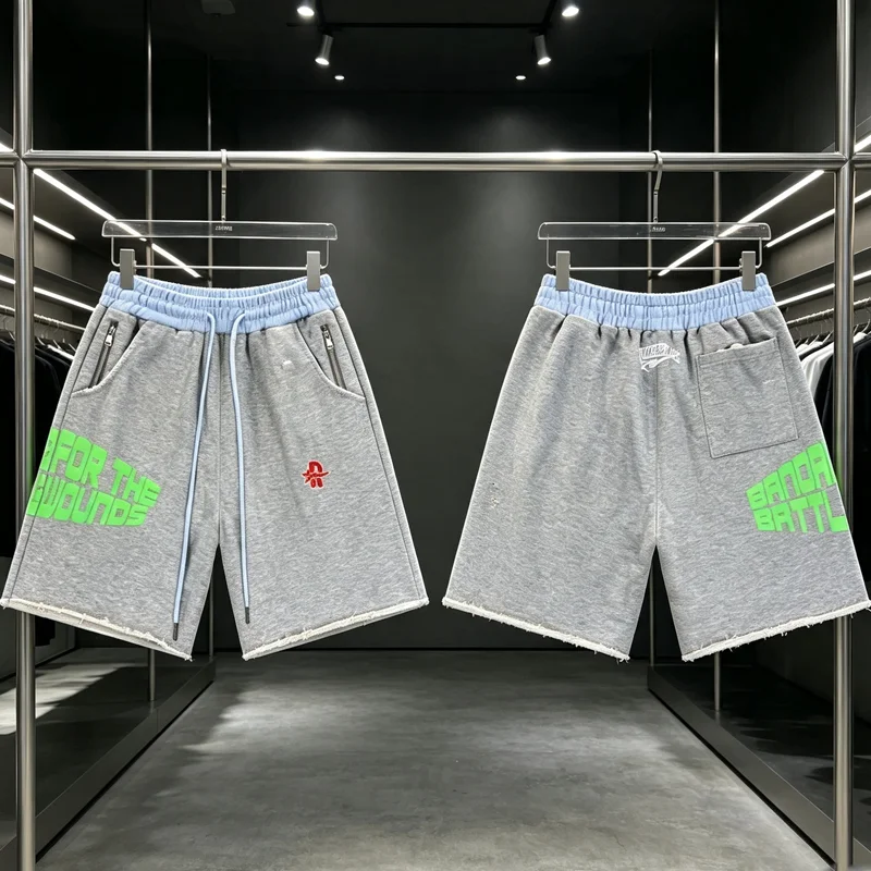 American Style Washed Distressed Rough Play Casual Shorts Waistband Zipper Pockets Distressed Frayed Wide Leg Shorts