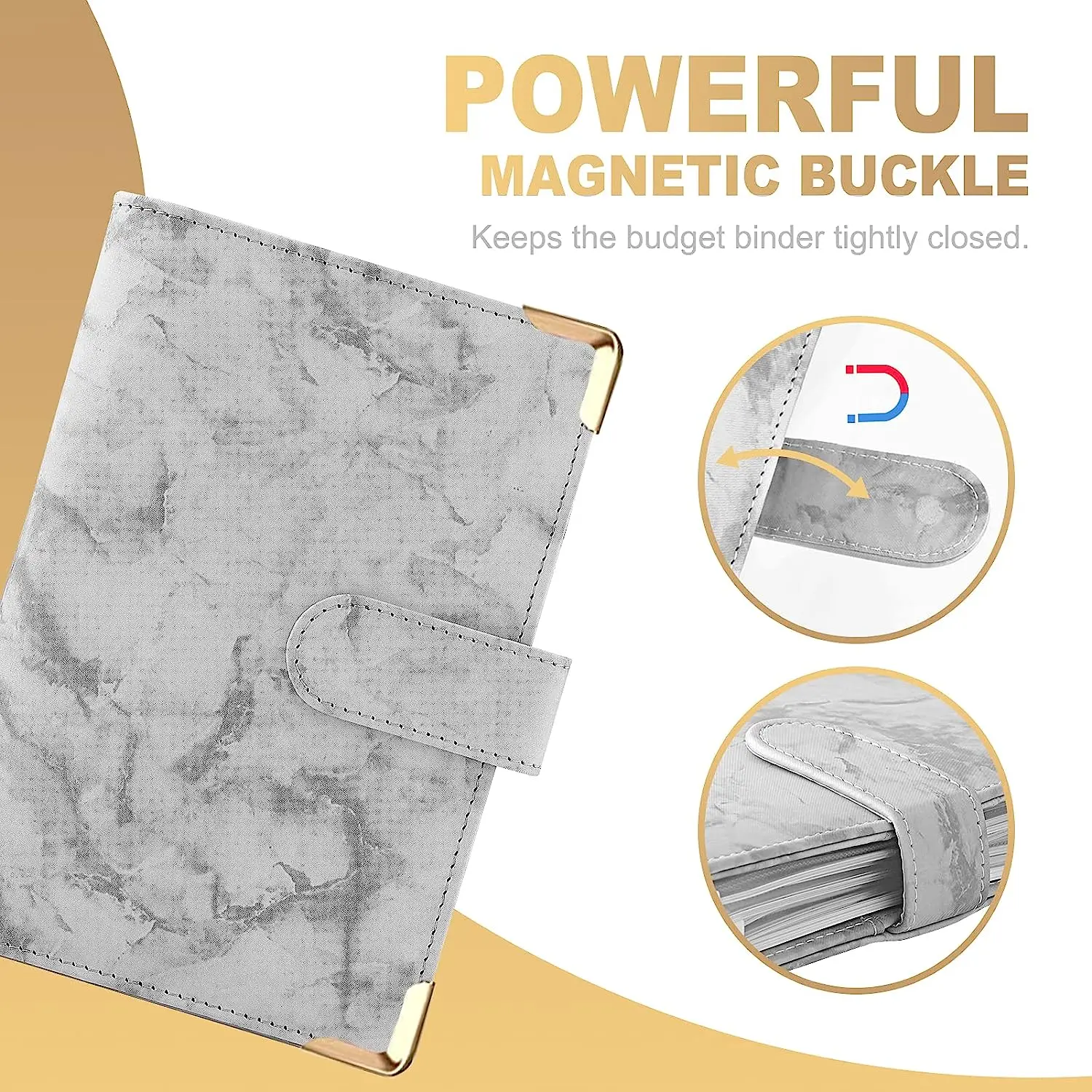 A6 PU Leather Marble Notebook Binder Budget Planner Money Organizer for Cash Savings with 6 Zipper Envelope Pockets & Stickers