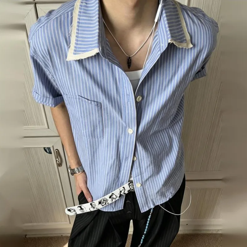 WVGA Summer New Men Washed Raw Edge Patchwork Striped Trendy College Style Casual Short Sleeved Shirt Niche Chic Tops Ins W23882
