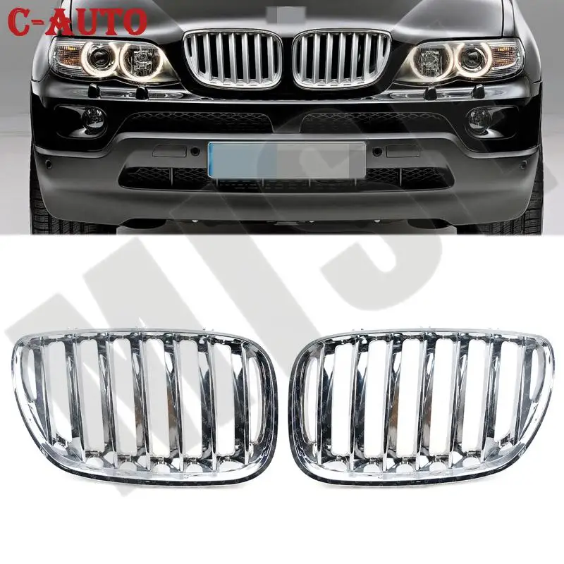 Car 2PCS Front Bumper Grille Chrome Hood Kidney Grills Grille Front Bumper Grille For BMW X5 E53 2004 2005 2006 Car Styling