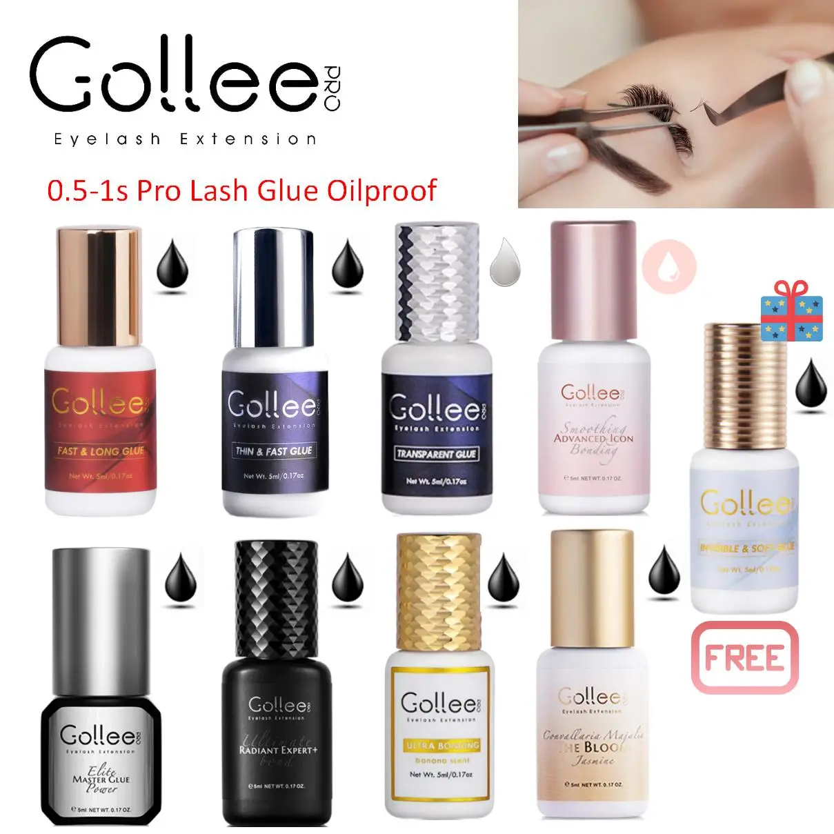 GOLLEE − Extensions de cils, 0.5-1s, fixation rapide, sans odeur, colle, sans irritation, fournitures de maquillage